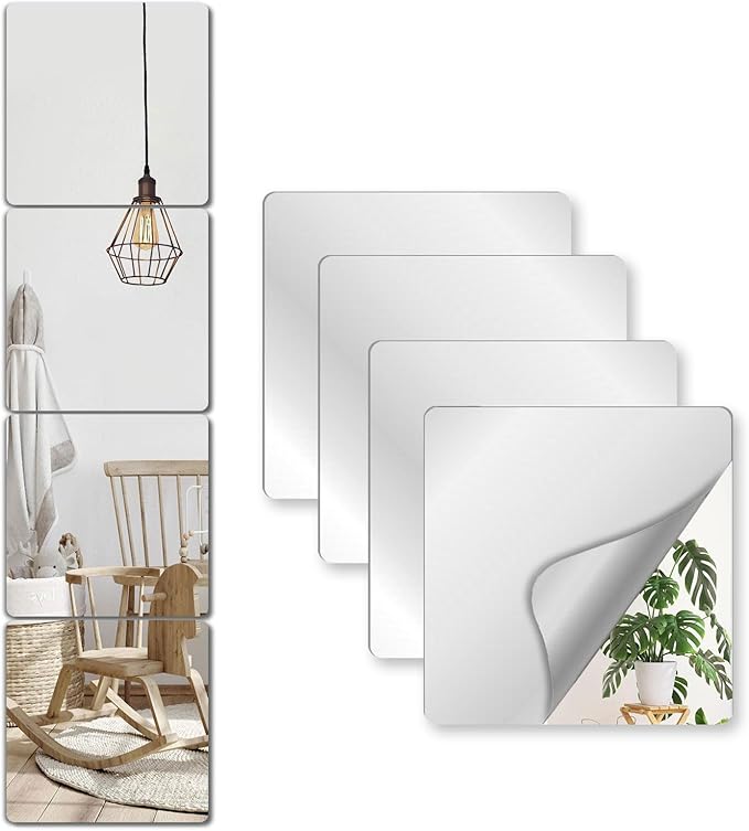 Unbreakable Mirror Tiles Self Adhesive,4PCS 10”x10” Toddler Mirror for Classroom Decor, Peel and Stick On Small Mirrors for Wall Decor, Shatterproof Plastic Mirrors Stickers for Kids Decorative