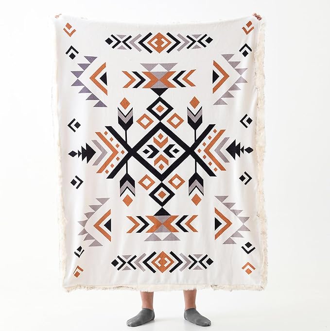 Luxury Plush Faux Fur Throw Blanket with Aztec Pattern, Super Warm, Fuzzy, Elegant, Fluffy Decoration Blanket for Couch, Armchair, Sofa and Bed, 50''x 60'', Cream