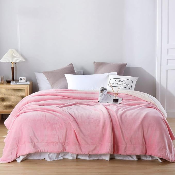 NANPIPER Flannel Blanket Reversible Sherpa Throw Blanket Super Soft Fuzzy Plush Fleece (90"x90",Pink) Queen