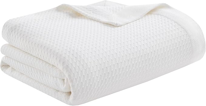 Madison Park 100% Egyptian Cotton Lightweight Summer Blanket, Breathable Waffle Knit Design, Soft Cozy All-Season Throw for Bed, Couch or Sofa, White Twin Size (66"x90")