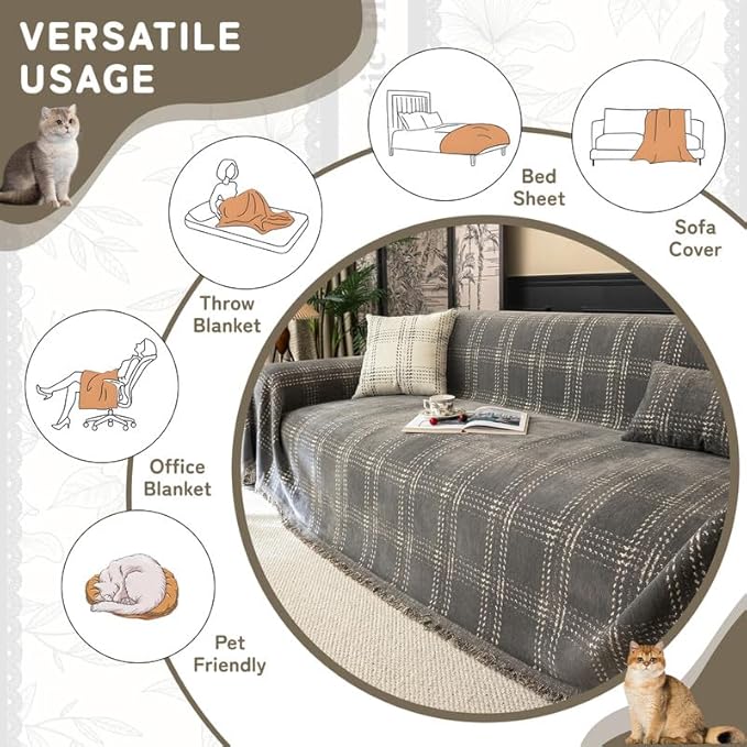 HANDONTIME Plaid Couch Cover for Dogs Washable, Geometric Buffalo Check Sofa Slipcover Chic White Sofa Cover for Pets Chenille Couch Cover Stays on Pet Furniture Covers Thick & Soft (Grey, 71"x118")
