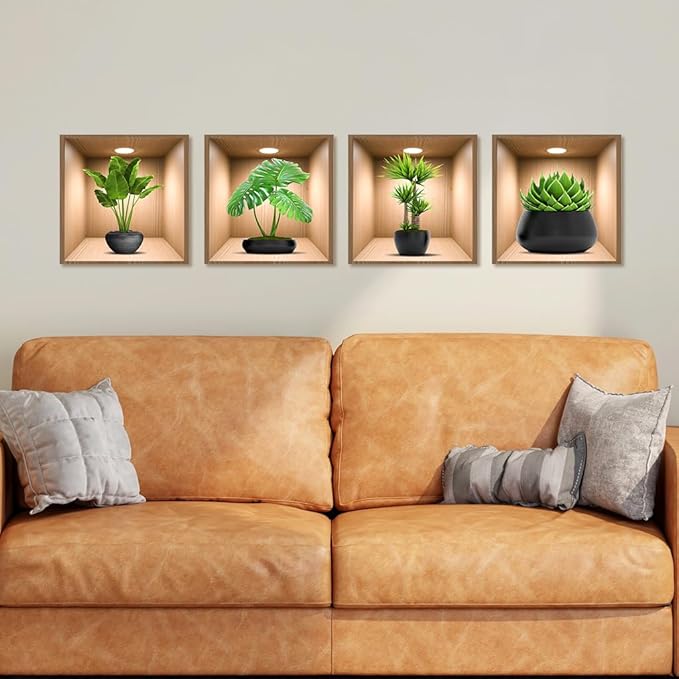 4 Pack 3D Green Plants Wall Decals, 3D Green Pot Plant Succulent Wall Stickers for Sofa Background Bedroom Living Room Kitchen