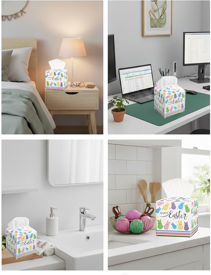 Easter Day Napkin Tissue Box Cover, Colorful Bunny Waterproof Leather Paper Organizer Dispenser for Table Dining, Bathroom, Nightstand Vanity, Car, Housewarming Gift Ideas, N