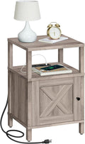 Farmhouse Nightstand with Charging Station, Greige Bedside Table with USB&Type-C Ports and Outlets, End Table with Storage, Night Stand for Bedroom, Greige ETGY96E01