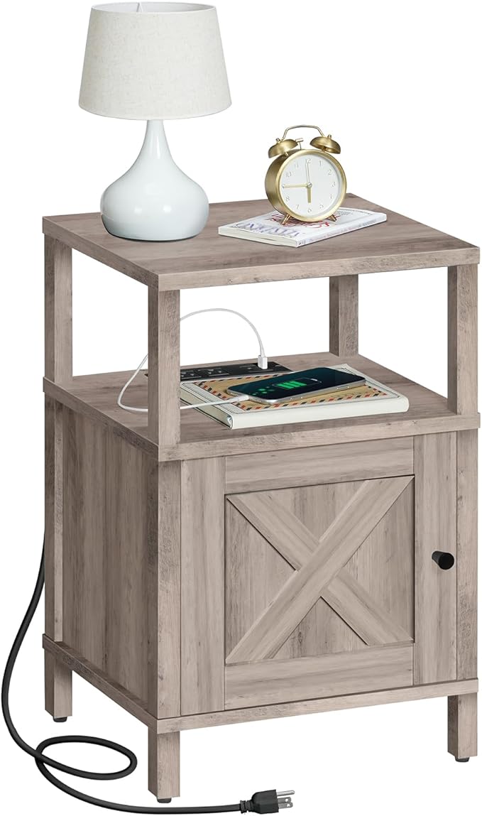 Farmhouse Nightstand with Charging Station, Greige Bedside Table with USB&Type-C Ports and Outlets, End Table with Storage, Night Stand for Bedroom, Greige ETGY96E01