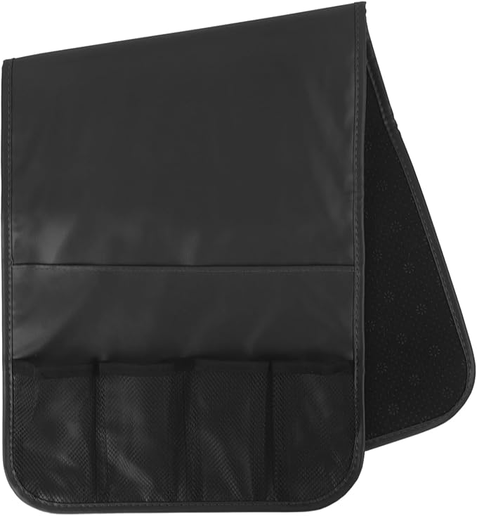 Sofa Armrest Organiser Non Slip Leather Couch Armrest Caddy Bedside Hanging Pouch Sofa Arm Tray Organizer with 5 Pockets for TV Remote Holder Magazines iPad Phone (Black, one size)