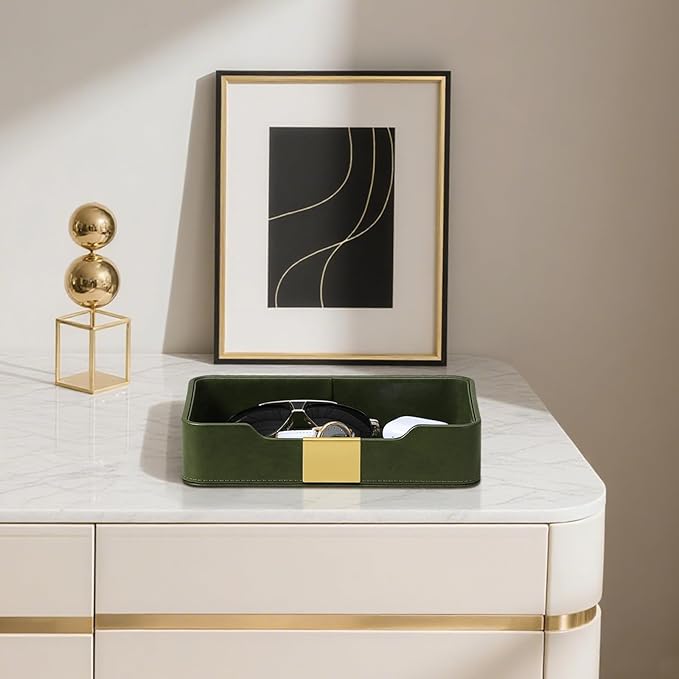 10.2" x 6.7" Nightstand Organizer Tray with Gold Accent, Decorative Valet Trays Cologne Organizer for Men, Key Bowl Perfume Trinket Tray for Dresser Bedside Entryway Table (Olive Green)