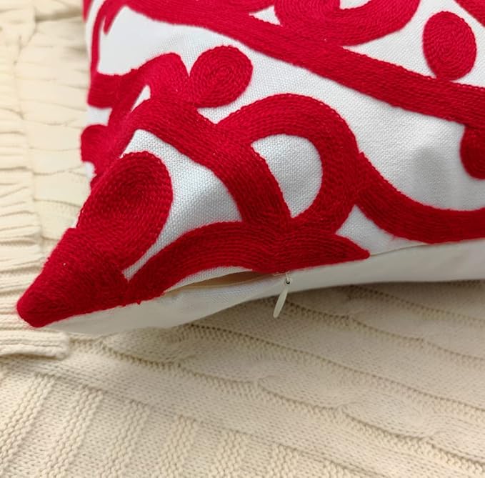 Alysheer Christmas Red Embroidered Decorative Throw Pillow Covers 18"x18" Set of 2, Cozy Warm Boho Mandala Knit Patterned Durable Cotton Canvas Cushion Cases for Sofa Couch Living Room Xmas Decor