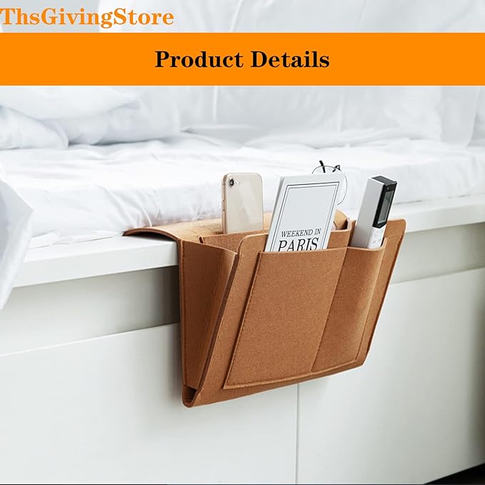 2pcs Felt Bedside Caddy Storage Bag with 5 Pockets, Bed Sofa Hanging Organizer for Magazines Books Glasses, College Dorm Bed Organization Bedroom Organizer (Beige+Brown)