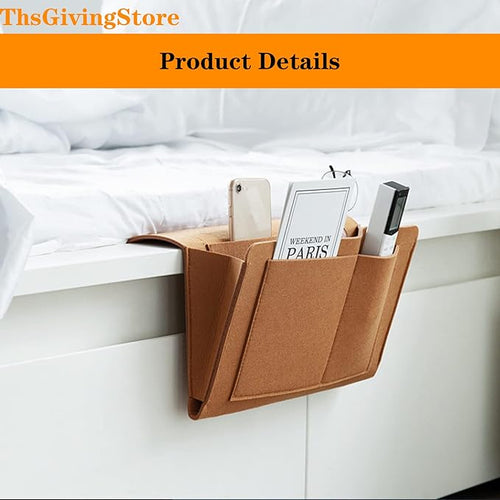 2pcs Felt Bedside Caddy Storage Bag with 5 Pockets, Bed Sofa Hanging Organizer for Magazines Books Glasses, College Dorm Bed Organization Bedroom Organizer (Beige+Brown)