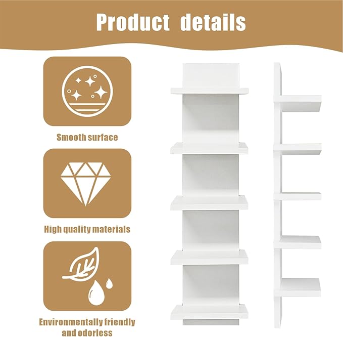 5 Tier Shelves for Wall, Decorative Wall Mounted Vertical Shelving Column Decor 30 Inch H Mounted Floating Storage Organizer Natural Finish Wall Shelf for Living Room, Bedroom, Bathroom