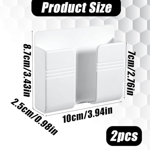 2 Pcs Wall Mount Phone Holder Self Adhesive Phone Shelf with Data Cable Receiving Hole, Charger Remote Control Storage Box, Cell Cradle Bedside Organizer Remote Control Stand for Home Office