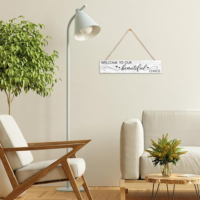 AGMDESIGN Welcome to Our Beautiful Chaos Wooden Sign, Rustic Wall Home Decor for Shelf Door, Farmhouse Yard Bedroom Playroom Porch Entryway Wooden Hanging Plaque, New Parents Housewarming Gifts