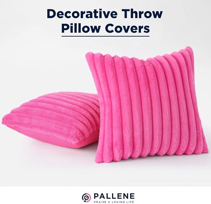Pallene Faux Fur Plush Throw Pillow Covers 22x22 Set of 2, Luxury Soft Fluffy Striped Decorative Pillow Covers for Sofa, Couch, Living Room, Hot Pink