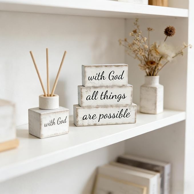 3 Pcs Farmhouse Christian Table Decoration Religious Tiered Tray Decor Rustic Bible Verse Tabletop Centerpiece with God All Things Are Possible Wooden Block Sign for Home Desk Shelf Mantle