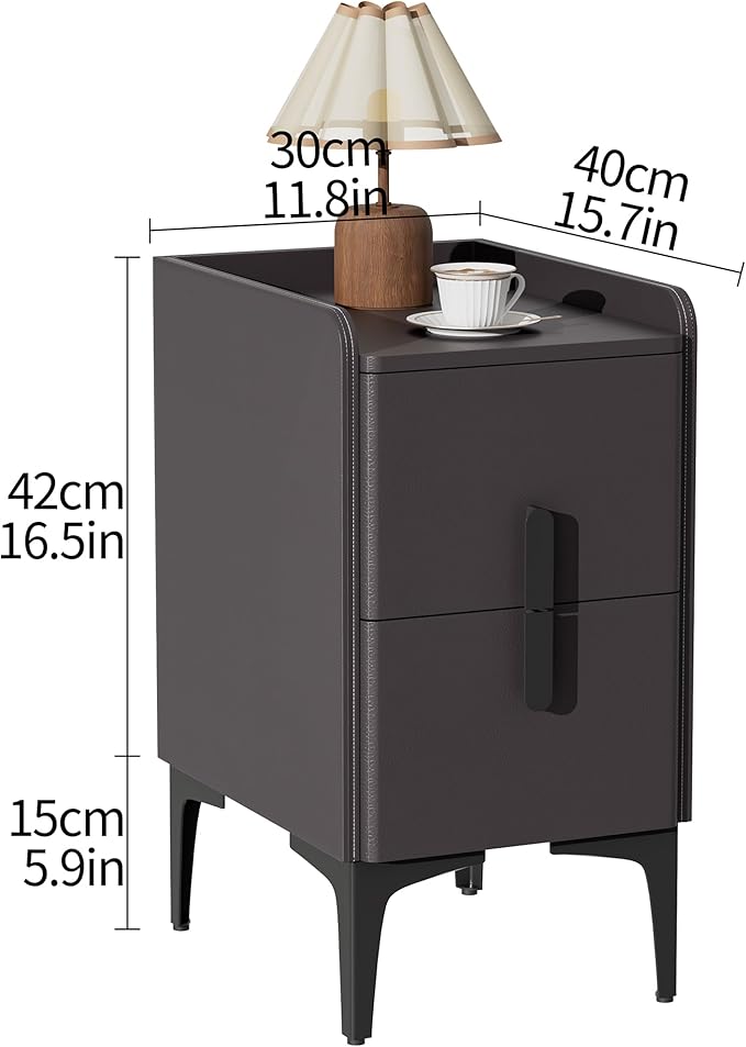 VICITON Narrow Nightstand with 2 Drawers, Narrow Side Table Leather Surface, Slim Bedside Table for Bedrooms, Study, Living Rooms, Small Space (Dark Gray, 15.7" D x 11.8" W x 22.4" H)
