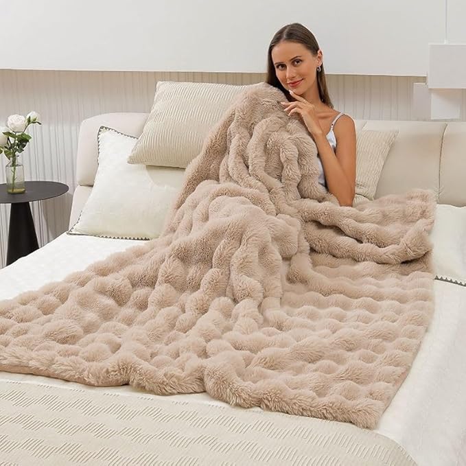 Faux Fur Throw Blanket for Couch Cozy Fuzzy Soft Plush Thick Fluffy Fleece Bubble Blanket for Sofa Bedroom Living Room, 51x63 Inches Camel