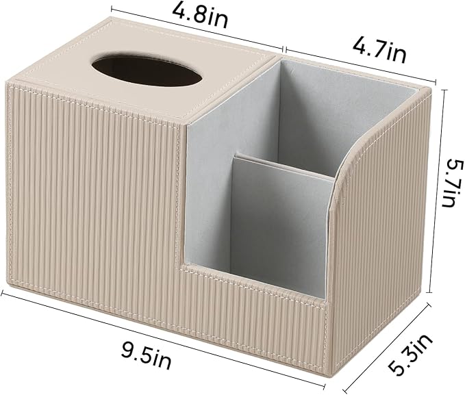 Square Tissue Box Cover with 2 Compartments Storage Organizer, PU Leather Tissue Box Holder with Remote Control Holder for Livingroom Nightstand, Multifunctional Cube Tissue Holder (Beige)