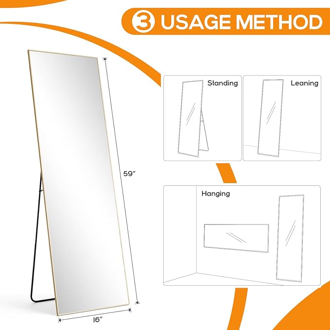 Mirror Full Length, Upgraded Body Wall Mirrors with Shatter-Proof Glass, Floor Standing, Hanging or Leaning, Tall Mirror with Stand Aluminum Alloy Frame for Bedroom Cloakroom