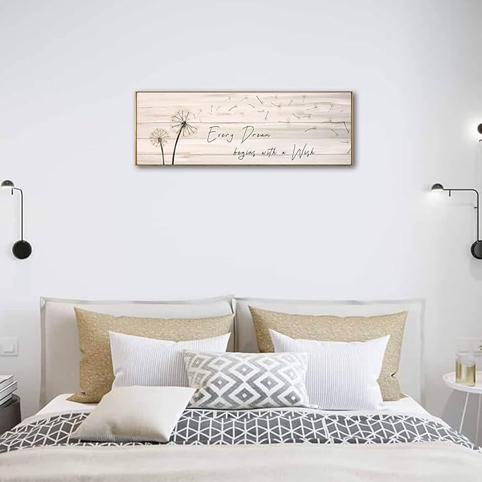 Dandelion Wall Art - Every Dream Begin with A Wish Rustic Farmhouse Wall Decor Framed Canvas Wall Art Bedroom Wall Decor Above Bed Dandelion Art Decor Vintage Room Decor (Wooden Frame) 46x19inch