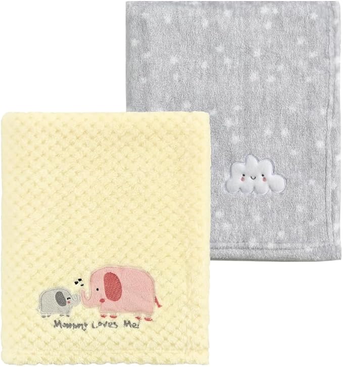 CREVENT 2Pcs 30''X40'' Cute Cozy Fluffy Warm Baby Blankets for Infants Toddlers' Bedding Crib Cot Stroller - Grey Cloud + Elephant