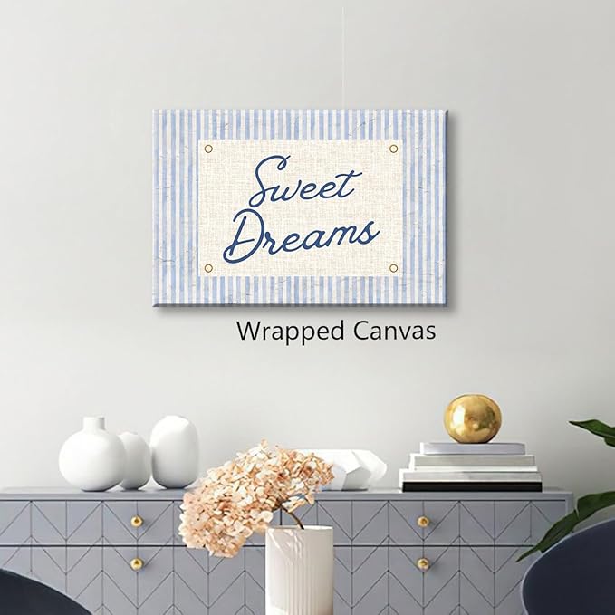 Sweet Dreams Canvas Wall Art, Navy Blue Stripes Positive Quote Poster, Sweety Daily Reminder Above Bed Wall Decor, Modern Inspiring Uplifting Typography Print for Bedroom 12x16in Wrapped Canvas