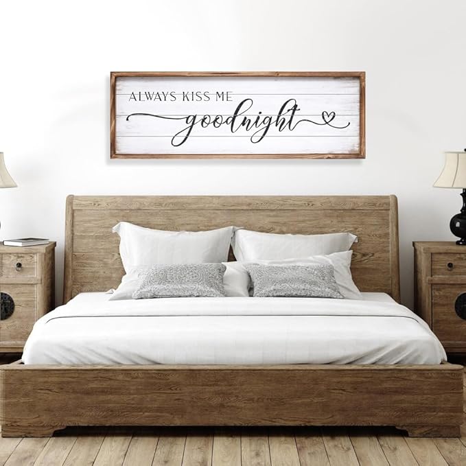 Large Above Bed Wall Decor Bedroom Sign Bedroom Decor with Solid Wood Frame for Couples, Always Kiss Me Goodnight Sign for Bedroom, Love Theme Wall Decor 42''×15''