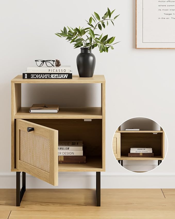 Masupu Extra Large Rattan Nightstand,Modern Boho Farmhouse Wood Bedside Table with Storage Drawer and Open Shelf, Black Frame Side End Table for Bedroom,Living Room,Office (Natural)