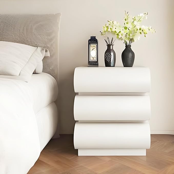 Modern Nightstand with Storage, Small End Table with Upholstered Leather Finish, 3 Solid Wood Drawers for Bedroom Bedside and Living Room
