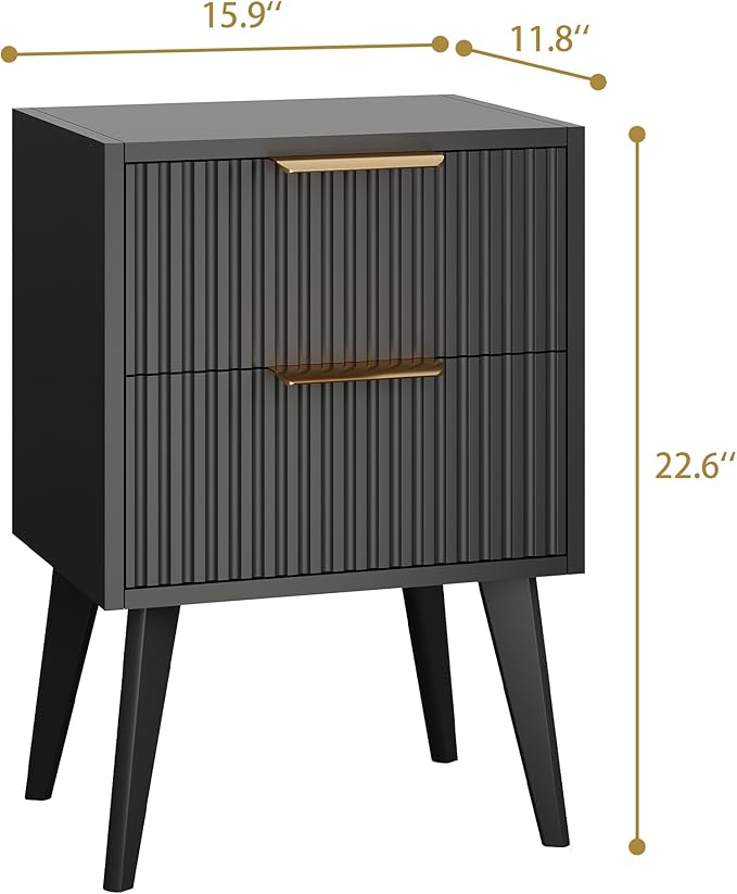 Small Black Night Stand,Mid Century Modern Bedside Table, Nightstand with 2 Drawers,Fluted Side Table with Wood Legs, End Table for Bedroom,Small Space,Black 11.8" D x 16" W x 22.4" H CTG55BK