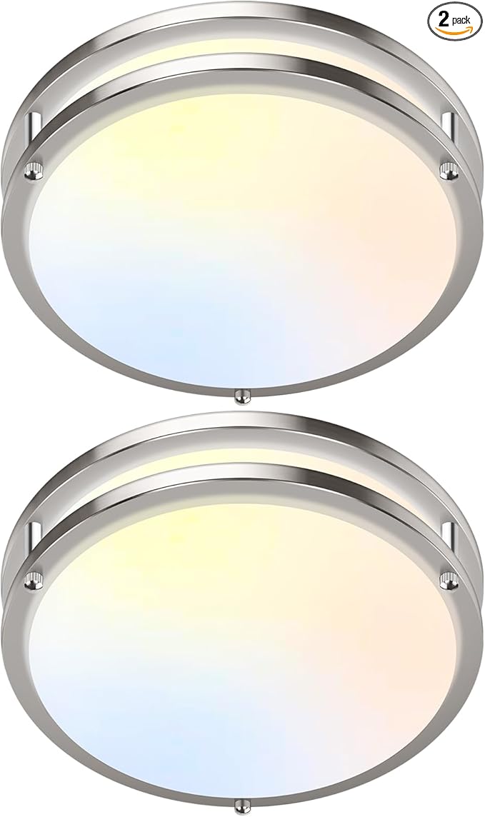 GoBright 2-Pack 10 Inch Bathroom Light Fixtures Ceiling Mount, 30W 3200lm Super Bright LED 2700K/3000K/4000K/5000K/6500K Adjustable Dimmable Kitchen Hall Ceiling Lamps, Brushed Nickle