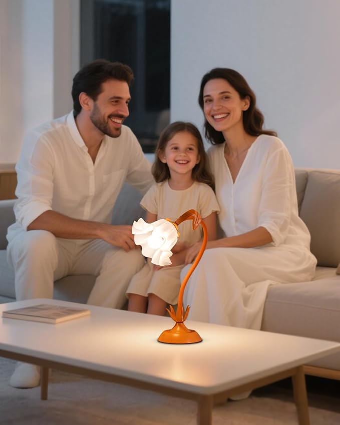 Flower Table Lamp, LED Reading Light Vintage Bedside Table Lamp with 3 Color Modes for Nightstand, Kawaii Decoration for Home Bedroom Living Room (Orange)