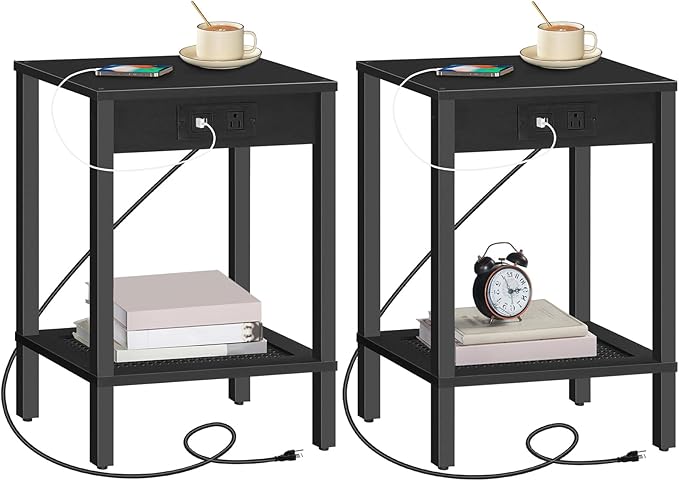 HOOBRO Side Table with Charging Station, Set of 2 End Table with USB Ports and Outlet, Nightstand with 2-Tier Storage Shelf, Faux Rattan Decoration, for Small Space, Black BK91UBZP201