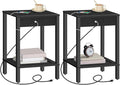 HOOBRO Side Table with Charging Station, Set of 2 End Table with USB Ports and Outlet, Nightstand with 2-Tier Storage Shelf, Faux Rattan Decoration, for Small Space, Black BK91UBZP201