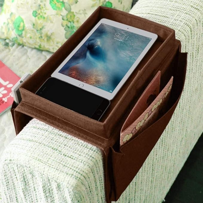 Sofa Armrest Organiser with Cup Holder Tray 6 Pockets TV Remote Control Organizer Sofa Couch Armchair Caddy Organiser Tidy Pocket Hanging Storage Bag Holder for Cellphone Magazine Drinks Snacks
