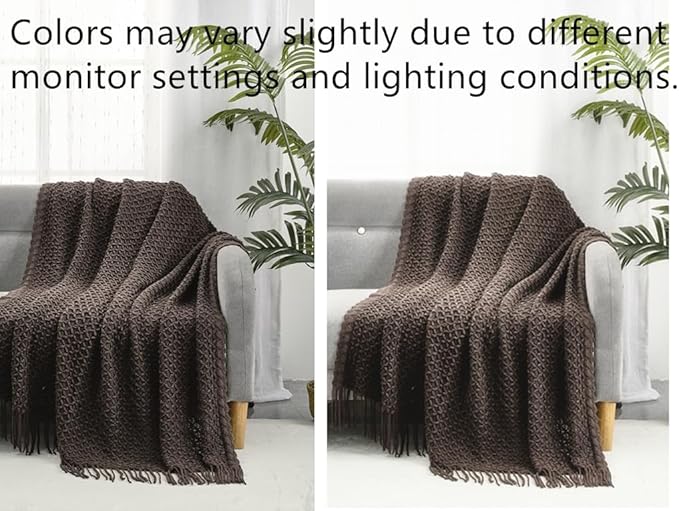 CREVENT Farmhouse Boho Knitted Throw Blanket for Couch Sofa Chair Bed Home Decoration, Soft Warm Cozy Light Weight for Spring Summer Fall (50''X60'' Dark Brown Chocolate)
