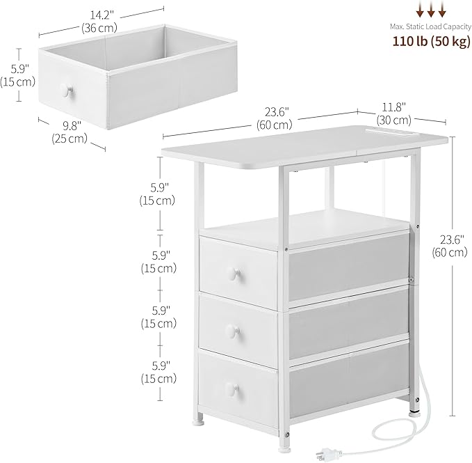 Narrow End Table with Charging Station, Narrow Side Table with 3 Fabric Drawers, Slim Nightstand with LED Light, Small Table with Storage, Living Room, Bedroom, White HKET1303WT