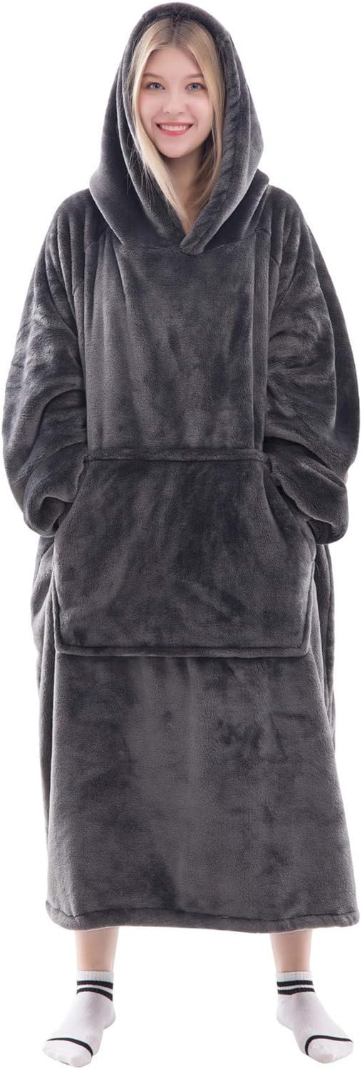 Waitu Wearable Blanket Sweatshirt Gifts for Women and Men, Warm and Cozy Giant Blanket Hoodie, Thick Flannel Blanket with Sleeves and Giant Pocket - Dark Gray