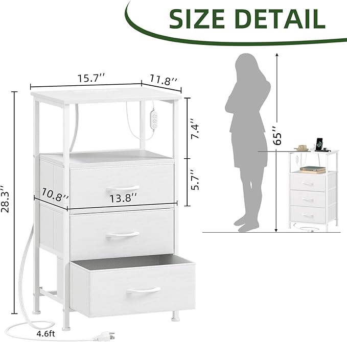 Somdot White Nightstand with Charging Station and LED Light for Bedroom, Tall 3 Drawers Dresser with Fabric Bins for Bedside Kids Dorm Room Closet Laundry Entryway, White Leather