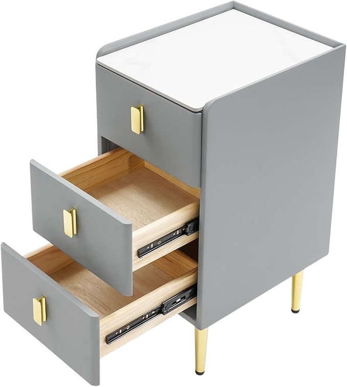 Narrow Nightstand with 3 Drawers, Narrow Side Table End Table Leather Bedside Cabinet Slim Storage Bedside Table for Small Space Bedroom Living Room Dormitories (Grey)