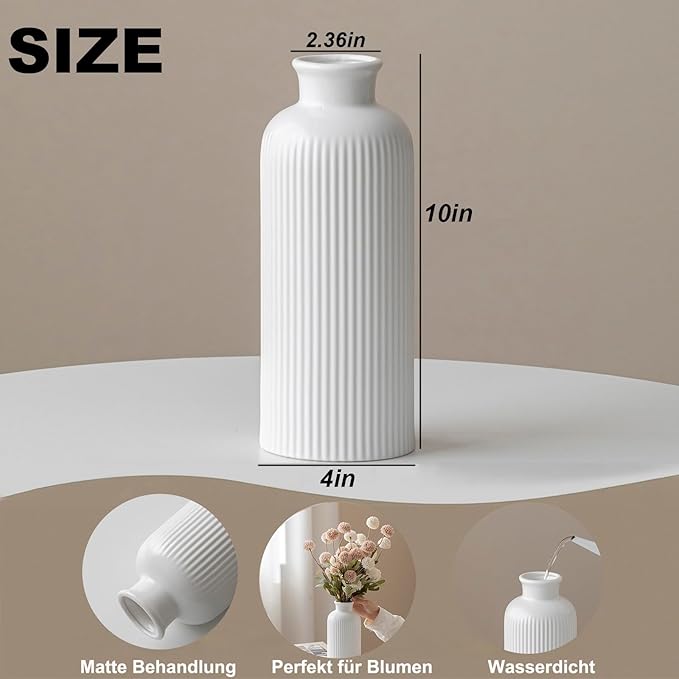 White Ribbed Ceramic Vase for Flowers, Modern Textured Decorative Vase, 10 Inch Tall, Farmhouse Style Home Decor (Matte Glaze White)