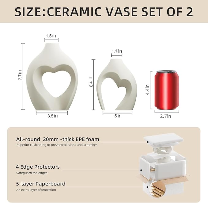 Zormon White Vases for Decor, Heart Shaped Ceramic Vase Set of 2, Nordic Heart Shaped Vases, Minimalist Decorative Vase for Table Centerpiece Wedding Dining Living Room Office House Decoration