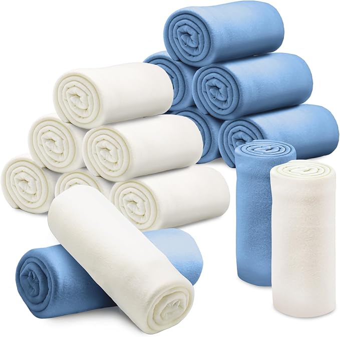 12PCS Fleece Throw Blankets Bulk 60 x 50 in Soft Blankets Fabric Warm Lightweight Wool Blanket Cozy Coverlet for Beds Sofas Home for All Seasons (12, White + Sky Blue, 50"x60")