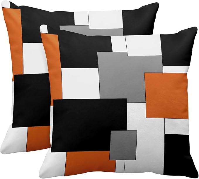 Emvency Set of 2 Orange Geometric Throw Pillow Covers Black Grey White Painting Abstract Checkered Design Decorative Pillow Case Modern Home Decor Standard Square 18x18 Inch Cushion Pillowcase