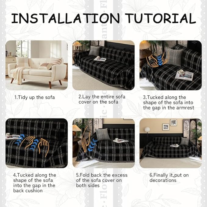 HANDONTIME Checkered Sofa Cover Washable, White Plaid Couch Slipcover Geometric Pet Couch Cover for Dogs Chenille Durable Couch Covers for 3 Cushion Couch Sofa Pet Friendly (Black, 71"x118")