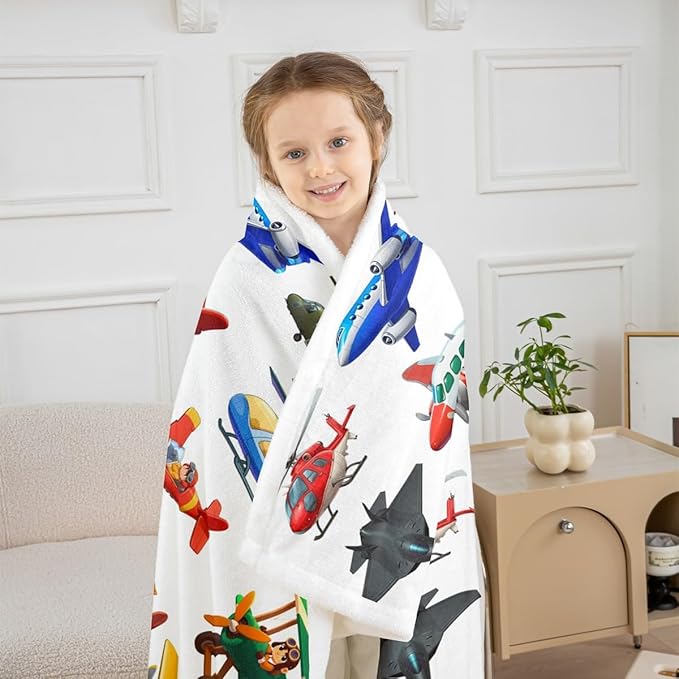 Aircraft Sherpa Blanket, 3D Print Various Airplane Throw for Kids Teen Boys, Fighter Flight Helicopter Fleece, Cartoon Aviation Theme Fuzzy Ultra Soft 40"x50" White