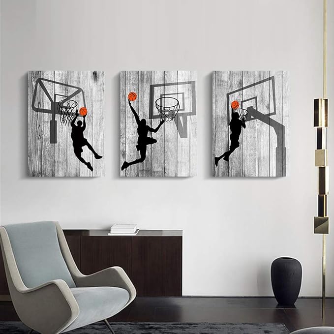 Black And White Canvas Wall Art For Living Room Bathroom And Bedroom Kitchen Wall Decor Artwork Canvas Prints Play Basketball Sport Painting 20" X 28"3 Piece Modern Framed Office Home Decorations
