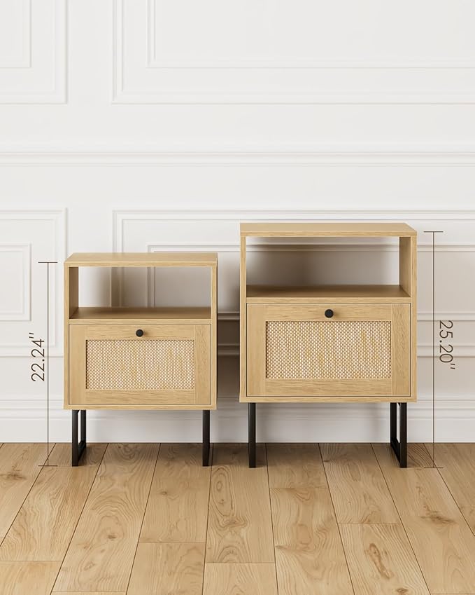 Rattan Nightstand, Mid Century Modern Night Stand,Boho Farmhouse Wood Bedside Table with Storage and Open Shelf, End Side Accent Table for Bedroom,Living Room,Oak