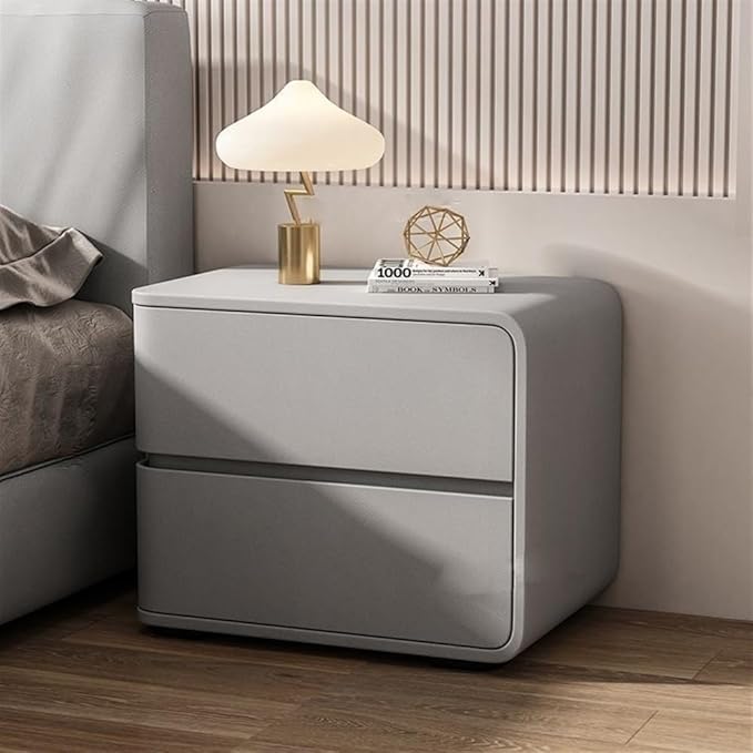 Modern Bedside Table, Solid Wood, Cream Leather Top, Luxury Night Stand with 2 Drawers (Light Gray, Right)