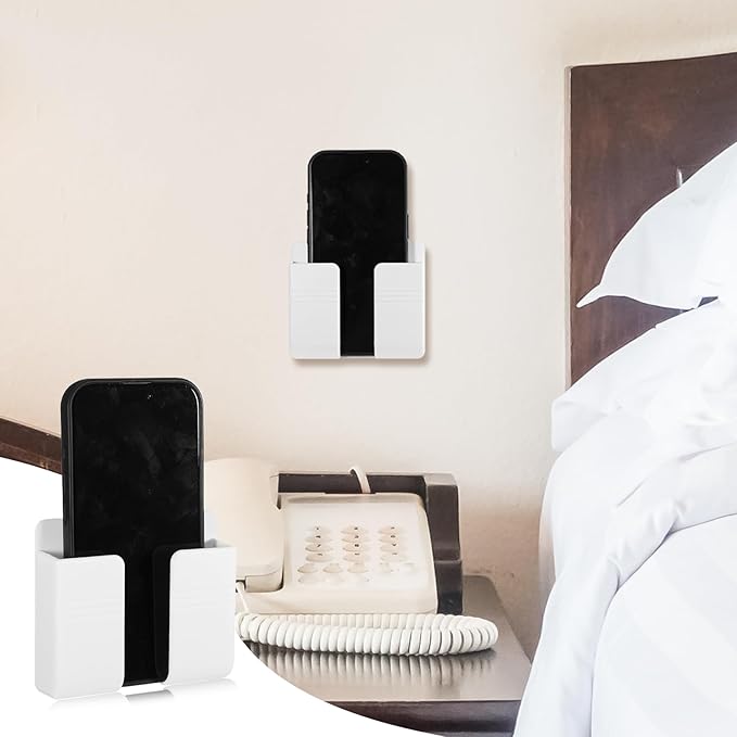 2 Pcs Wall Mount Phone Holder Self Adhesive Phone Shelf with Data Cable Receiving Hole, Charger Remote Control Storage Box, Cell Cradle Bedside Organizer Remote Control Stand for Home Office